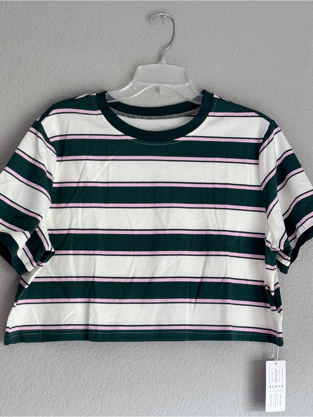 Lily Coco Striped Crop Tee in Dark Green, White & Pink women’s L